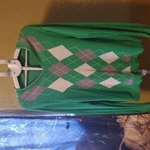 Banana Republic Green and Gray Argyle V-Neck Women's Sweater Size L